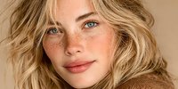 Young blonde woman with freckles and blue eyes wearing brown sweater looking at camera with natural makeup and wavy hair against neutral background.