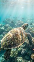 Sea turtle swimming gracefully over vibrant coral reef in crystal clear tropical ocean waters with sunlight filtering through surface creating magical underwater scene.