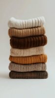 Stack of folded knit sweaters in earth tone colors from white to dark brown, arranged in ombre gradient style on neutral background, showing cozy winter fashion.