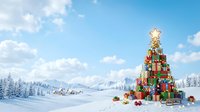 Colorful gift boxes stacked as festive tree with red ribbons in snowy mountain landscape under blue sky with clouds, holiday celebration concept.