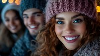 Young diverse friends in winter knit hats and sweaters smiling outdoors at night with bokeh lights in background, capturing genuine joy and friendship.
