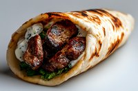 Grilled meat wrapped in flatbread with fresh herbs and creamy white sauce, close-up view on white background showing juicy charred pieces and sauce drizzle.
