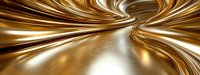 Abstract golden swirling tunnel with metallic liquid effect creates dynamic motion and flow. Smooth curves and reflective surfaces form futuristic panoramic background.
