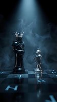 Chess king and pawn pieces on board with dramatic lighting and smoke effects for strategic business concepts and leadership metaphors.