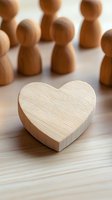 Wooden heart shape surrounded by simple pawn-like figures on light surface, symbolizing love, community, and human connection in minimalist style.