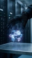 Businessman in dark suit holding glowing digital cube above metallic surface in server room environment, representing data management, technology innovation, and cloud computing solutions.