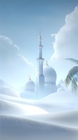 Serene white mosque with tall minaret emerging from desert dunes under soft blue sky. Palm fronds frame ethereal architectural scene in dreamy atmosphere.