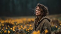 Young woman with flowing hair in cozy brown sweater standing in golden flower field during sunset, peaceful outdoor portrait for wellness and lifestyle content.
