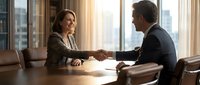 Professional businesswoman and businessman shaking hands across conference table in modern office with city skyline view during golden hour meeting.