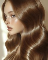 Young Caucasian woman with glossy brown wavy hair and natural makeup in soft lighting, side profile view showing healthy, shiny hair texture for beauty and haircare advertising.