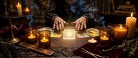 Fortune teller reading tarot cards by candlelight with mystical atmosphere for spiritual guidance and divination practices.