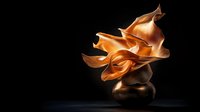Artistic still life of dried onion skin layers floating above dark surface, creating ethereal organic shapes with warm copper tones against black background.