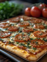 Freshly baked pizza with tomato slices, melted cheese, and fresh herbs on wooden surface, ideal for food and restaurant marketing.