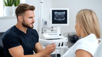 Professional male dentist consulting with blonde female patient in modern dental office discussing treatment options and oral health care.