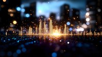 Glowing city skyline silhouette with illuminated fountains and bokeh lights creating magical urban nightscape atmosphere. Modern metropolis reflection in water.