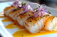 Grilled white fish fillet garnished with red onion curls and fresh herbs on citrus sauce, served on white plate. Close up view of gourmet seafood dish.