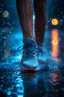 Athletic running shoe in dramatic night rain setting with bokeh lights and water droplets, perfect for sports advertising and lifestyle content marketing.