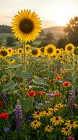 Vibrant sunflower field with colorful wildflowers at golden hour sunset. Rural countryside landscape with poppies, lupines and daisies blooming in summer meadow.