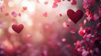 Red glittering hearts floating on blurred romantic background with bokeh lights and falling heart shaped petals in pink and burgundy colors for Valentine's day design.