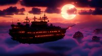 Illuminated fantasy airship floating through purple clouds at sunset with glowing moon, creating magical atmosphere for fairy tale and steampunk designs.