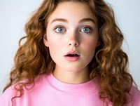 Young woman with curly ginger hair and bright blue eyes wearing pink sweater shows surprised expression against light background. Natural beauty portrait.
