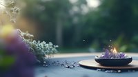 Glowing crystal on ceramic plate with ethereal light effects and scattered gems in dreamy forest atmosphere, soft bokeh background creates magical ambiance.
