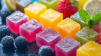 Colorful fruit jelly candies with sugar coating and fresh mint garnish on dark background, macro shot of assorted gummy sweets in vibrant colors.