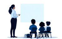 Asian female teacher stands at whiteboard presenting to students sitting in chairs, minimalist blue illustration style for education and learning concepts.