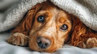 Adorable cocker spaniel puppy with soulful eyes peeking out from under a cozy gray blanket, creating a warm and heartwarming pet portrait.