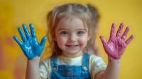 Cheerful young girl in denim overalls showing painted hands in blue and pink colors against yellow background, expressing joy and creativity in early childhood development.