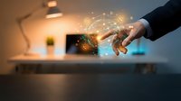 Businessman hand touching digital network icons and glowing connections, representing technology innovation, data exchange, and smart business solutions in modern office environment.