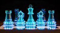 Glowing chess pieces in neon blue light on dark background create dramatic atmosphere, strategic game concept with rook, bishop, king and pawn figures.