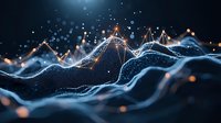 Digital wave landscape with glowing particles and connecting lines against dark background, featuring blue and orange light effects and dynamic motion.