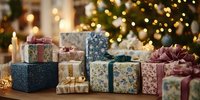 Elegantly wrapped Christmas gifts stacked on wooden table with decorated tree and bokeh lights in cozy holiday setting.