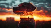 Double exposure silhouette of dog head combined with dramatic sunset landscape and walking person, artistic photo manipulation with orange and dark tones.