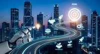 Robotic hand pointing at glowing target goal icon with business network connections over futuristic city skyline at night with light trails.