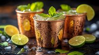 Cold Moscow mule cocktails in copper mugs garnished with fresh lime slices, mint leaves and ice cubes on dark background with water drops and condensation.