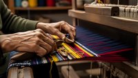 Skilled artisan hands weaving colorful threads on traditional wooden loom creating handmade textile in workshop studio for cultural crafts and heritage.