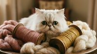 Fluffy white Persian cat surrounded by spools of yarn and knitting supplies on neutral background, perfect for crafting and pet-related projects.