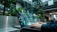 Professional using laptop with digital transformation holographic interface in modern office environment with green plants and glass architecture.