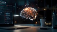 Glowing digital brain hologram floating above workspace with laptop and coffee cup in dark office. Neural network and artificial intelligence concept.