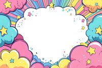 Colorful cartoon frame with pastel clouds, rainbow rays, and stars surrounding a white center space for text or design.