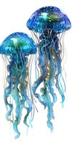 Luminescent blue jellyfish with flowing tentacles in watercolor style on white background, marine life illustration suitable for ocean-themed designs and prints.