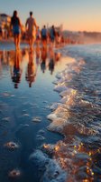 Group of people walking along sandy beach at golden hour sunset, with gentle waves and foam reflecting warm light, shallow depth of field.