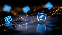 Digital communication network with glowing chat bubbles and data cubes floating above reflective surface with golden light trails and bokeh effects.
