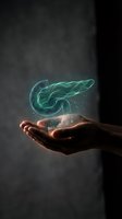 Hands holding magical green energy swirl with glowing particles floating above palms against dark background for fantasy and supernatural concepts.