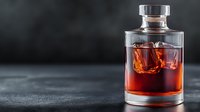 Amber liquid with ice cubes in elegant glass decanter against dark background. Dramatic lighting highlights rich color and crystal clarity of premium spirits.