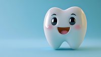 Cartoon tooth with smiling face on blue background for dental care promotion, pediatric dentistry, or oral hygiene education.