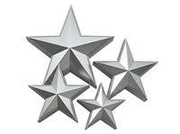 Five metallic stars in varying sizes with dimensional shading, isolated on white background, suitable for design projects, web graphics, and promotional materials.
