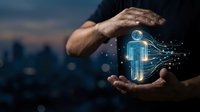 Businessman hands protecting glowing digital human figure with network connections representing cybersecurity, data protection and privacy technology concepts.